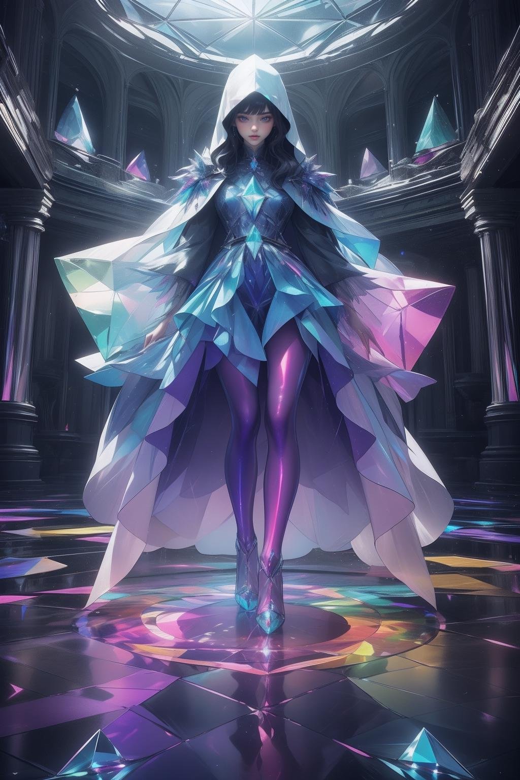 (masterpiece, top quality, best quality, official art, beautiful and aesthetic:1.2),(radial composition:1.2),1 girl,a nun wearing a transparent hood rebe made of azure crystal,crystalline leggings,magic ball,(crystal church interior),arch,colorful glass,mirror floor reflection,(iridescent,vivid fancy neon color),symmetrical ballance,glowing rainbow color long hair,fantasy,ethereal,epic,(fractal),<lora:samo crystal3-000009:0.7>,<lora:black issey miyake:0.3>,