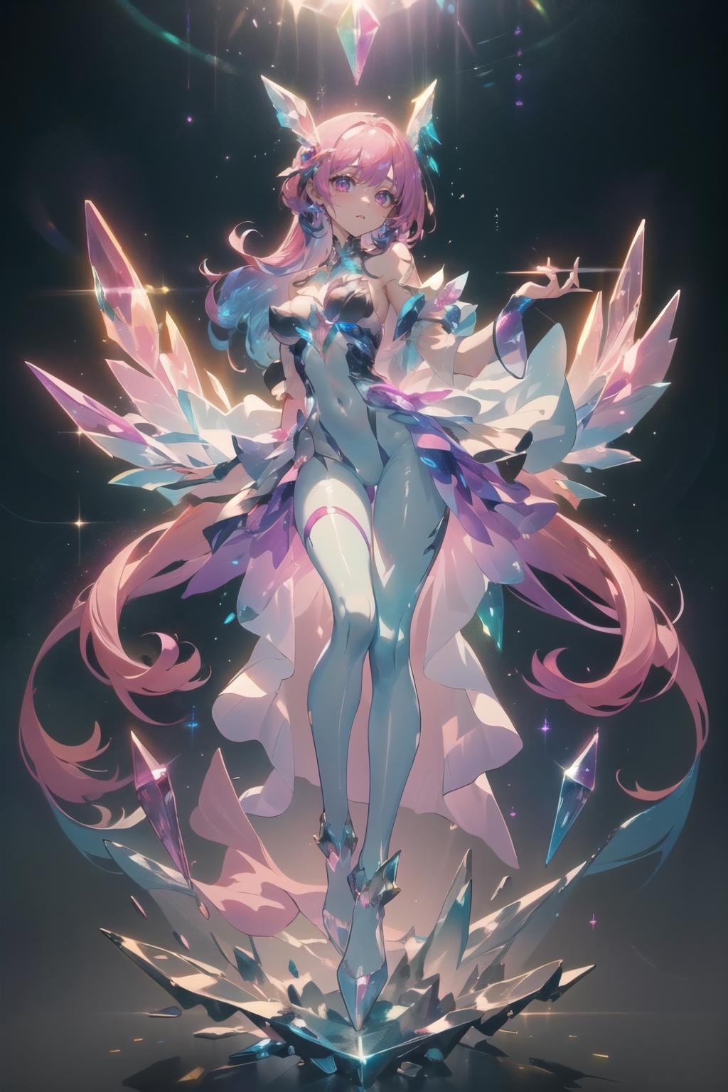 (masterpiece, top quality, best quality, official art, beautiful and aesthetic:1.2),full body,1 girl wearing a transparent bodysuit made of azure crystal,crystalline leggings,suspended in air,hovering,a pair of huge pink crystal wings,nubela,(iridescent,vivid fancy neon color),holo glowing rainbow color long hair,<lora:samo crystal3-000009:0.8>,