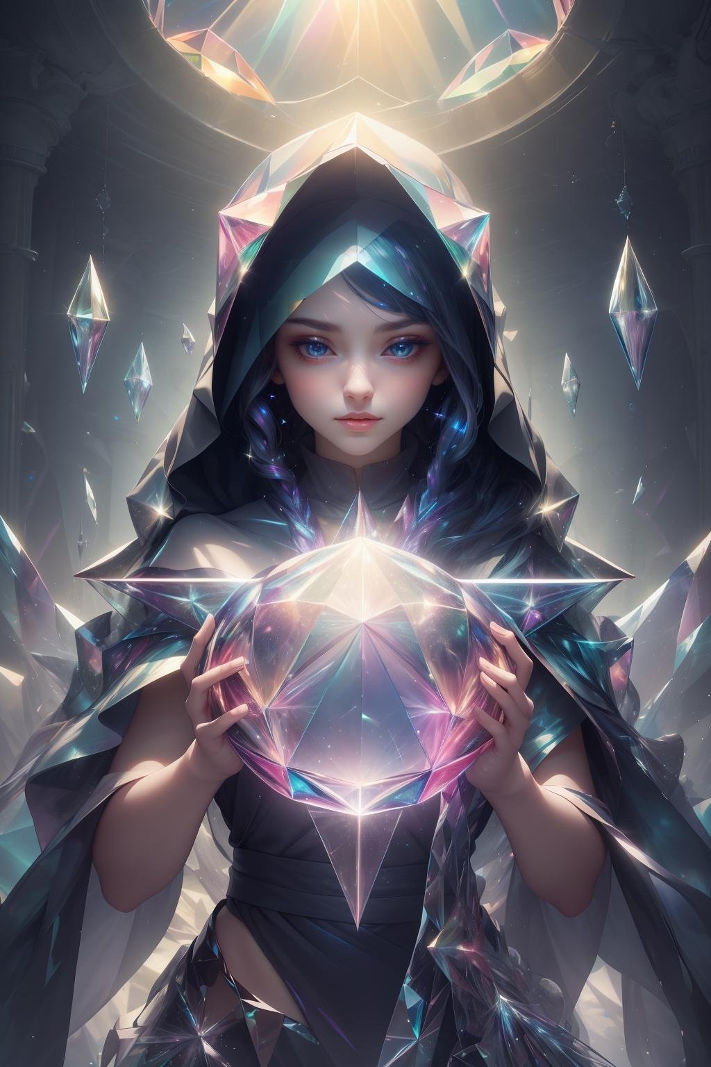 (masterpiece, top quality, best quality, official art, beautiful and aesthetic:1.2),(radial composition:1.2),1 girl,upper body,a nun wearing a transparent hood rebe made of azure crystal,crystalline leggings,magic ball,(crystal church interior),arch,colorful glass,mirror floor reflection,(iridescent,vivid fancy neon color),symmetrical ballance,glowing rainbow color long hair,fantasy,ethereal,epic,(fractal),<lora:samo crystal3-000009:0.7>,<lora:black issey miyake:0.3>,<lora:CrystallineAI:0.4>,