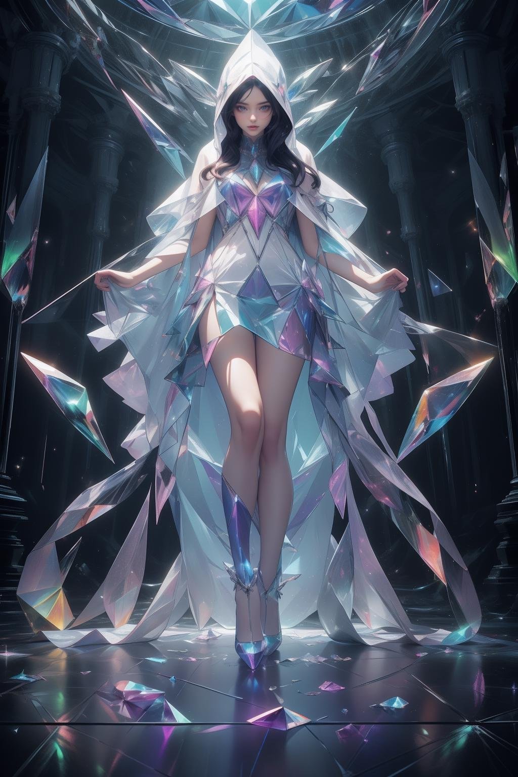 (masterpiece, top quality, best quality, official art, beautiful and aesthetic:1.2),(radial composition:1.2),1 girl,a nun wearing a transparent hood rebe made of azure crystal,crystalline leggings,magic ball,(crystal church interior),arch,colorful glass,mirror floor reflection,(iridescent,vivid fancy neon color),symmetrical ballance,glowing rainbow color long hair,fantasy,ethereal,epic,(fractal),<lora:samo crystal3-000009:0.7>,<lora:black issey miyake:0.3>,<lora:CrystallineAI:0.3>,