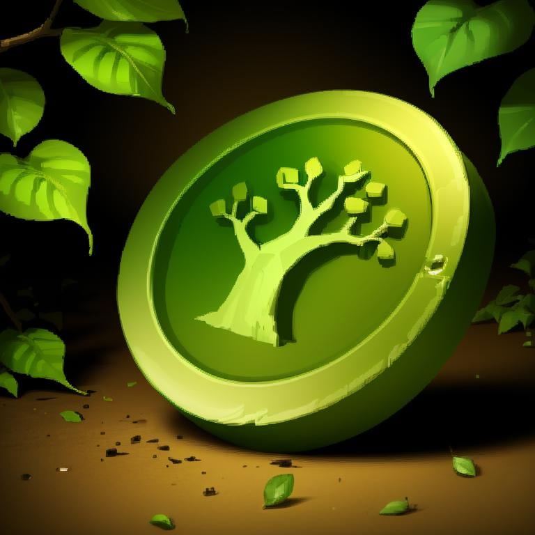 ((masterpiece,best quality)), <lora:FantasyIcons_Coins:0.8>, green coin, glowing, nature, tree symbol, leaves, ivy, shiny metal