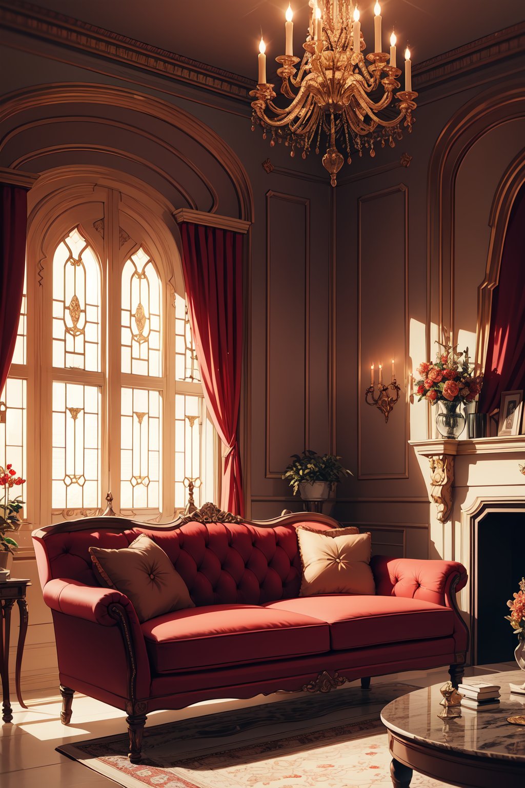 indoors, ampire, luxurious interior, marble (stone), chimney, red sofa, red curtains, windows, volumetric lighting, soft lighting, cinematic,