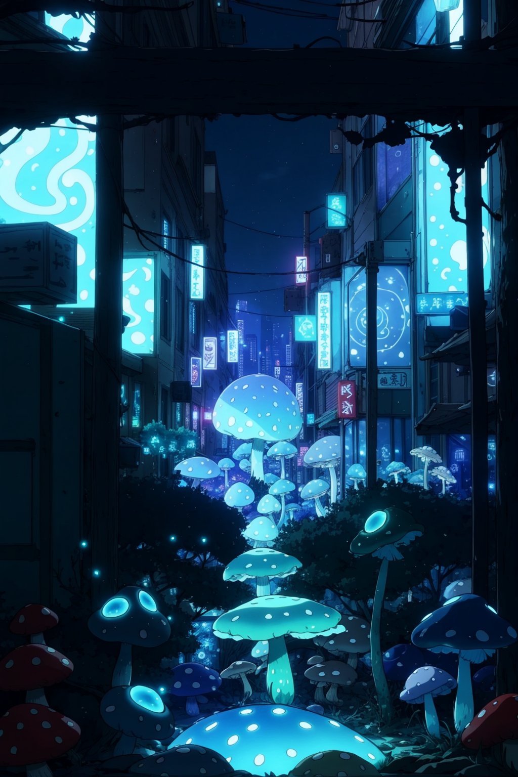 ShroomPunkAI,  bioluminescence, ( city)1.3),  messy environment,<lora:EMS-98269-EMS:0.600000>