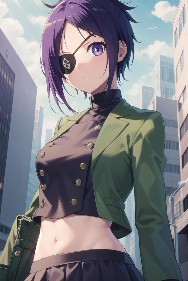 chromedokuro, <lora:chrometest:1>, chrome dokuro, black hair, eyepatch, (purple eyes:1.1), short hair,BREAK crop top, eyepatch, school uniform, serafuku, skirt, green uniform,BREAK looking at viewer,BREAK outdoors, city,BREAK <lora:GoodHands-vanilla:1>, (masterpiece:1.2), best quality, high resolution, unity 8k wallpaper, (illustration:0.8), (beautiful detailed eyes:1.6), extremely detailed face, perfect lighting, extremely detailed CG, (perfect hands, perfect anatomy),