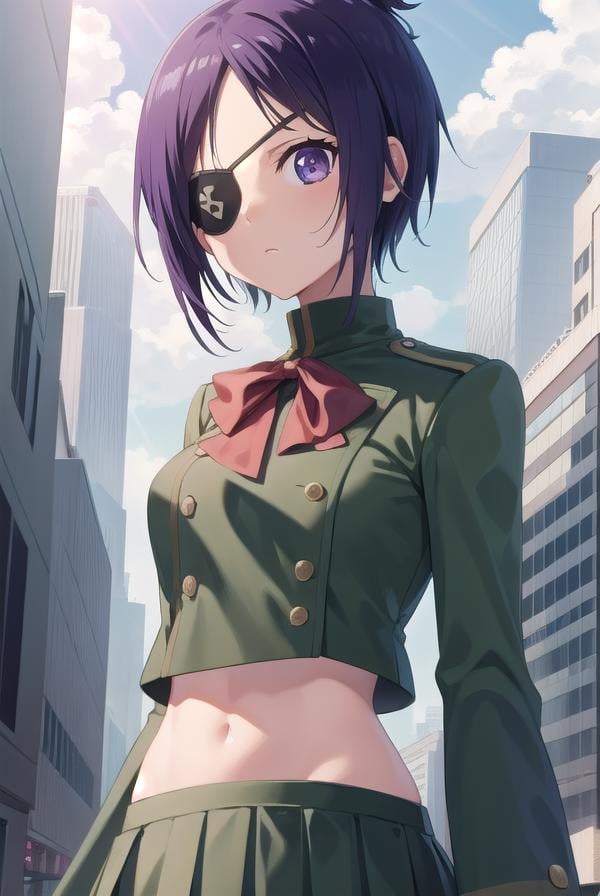 chromedokuro, <lora:chrometest:1>, chrome dokuro, black hair, eyepatch, (purple eyes:1.1), short hair,BREAK crop top, eyepatch, school uniform, serafuku, skirt, green uniform,BREAK looking at viewer,BREAK outdoors, city,BREAK <lora:GoodHands-vanilla:1>, (masterpiece:1.2), best quality, high resolution, unity 8k wallpaper, (illustration:0.8), (beautiful detailed eyes:1.6), extremely detailed face, perfect lighting, extremely detailed CG, (perfect hands, perfect anatomy),