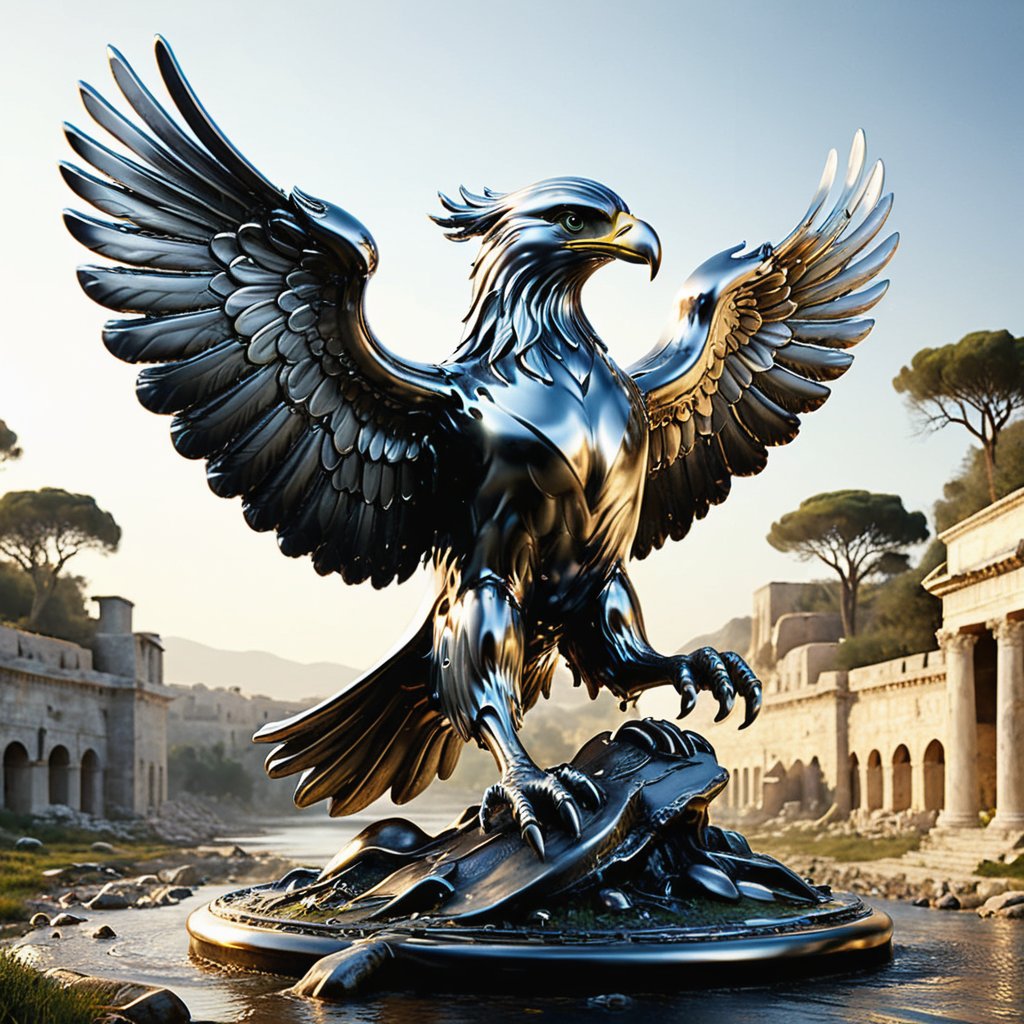 roman imprerial eagle made of chrome, roman legion at the back ground