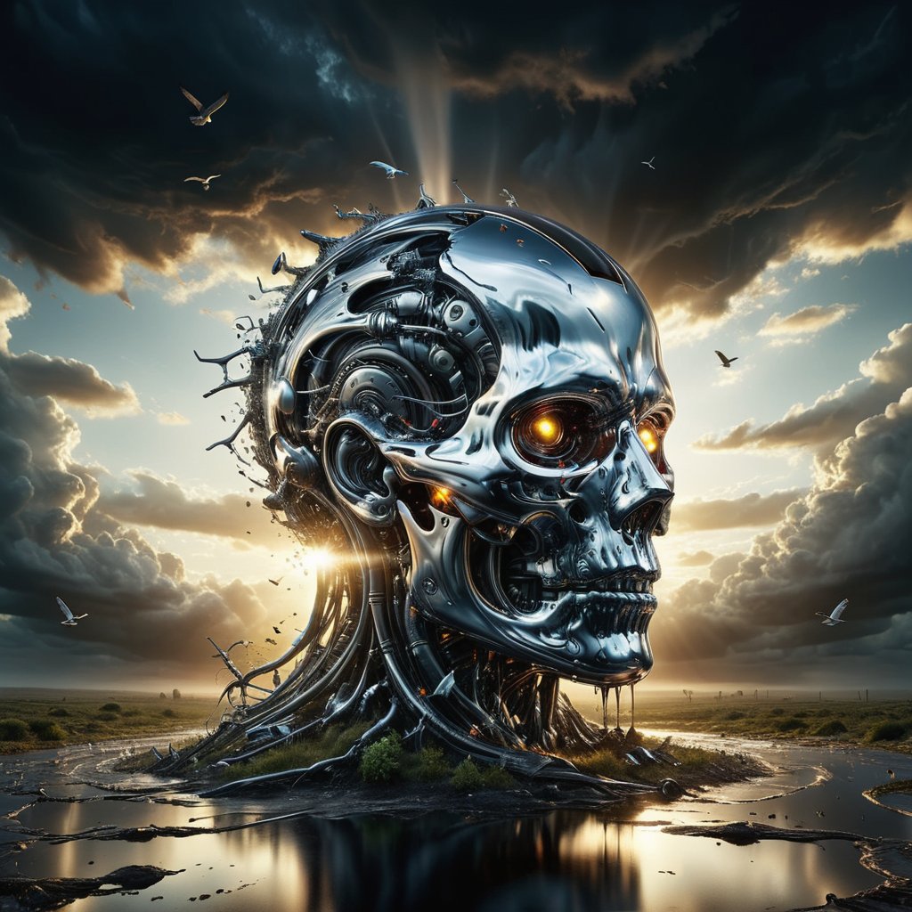 alien landscape, cloud, light and shadow, terminator head floating in a tornado, liquid chrome skin, birds, bottom view, dark theme