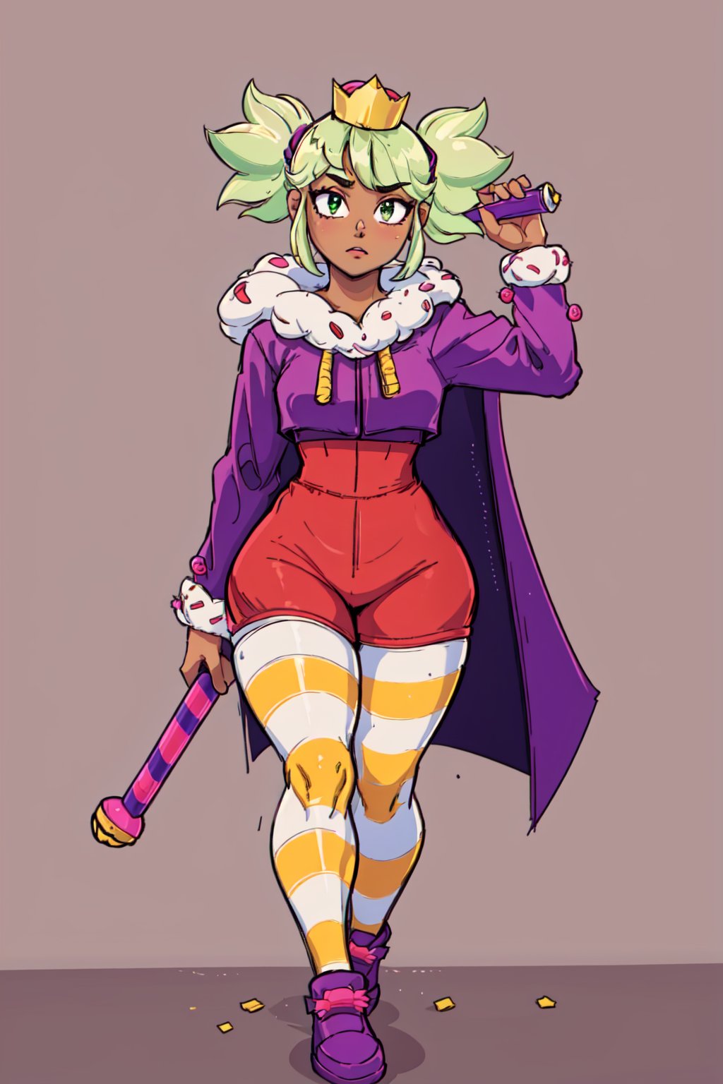 (best quality, masterpiece,4k),mandyBS, dark skin, dark-skinned female, green hair, blonde hair, short hair, short twintails, mini crown, cape, jumpsuit, long sleeves, high-waist shorts, red shorts, striped thighhighs, shoes, purple footwear