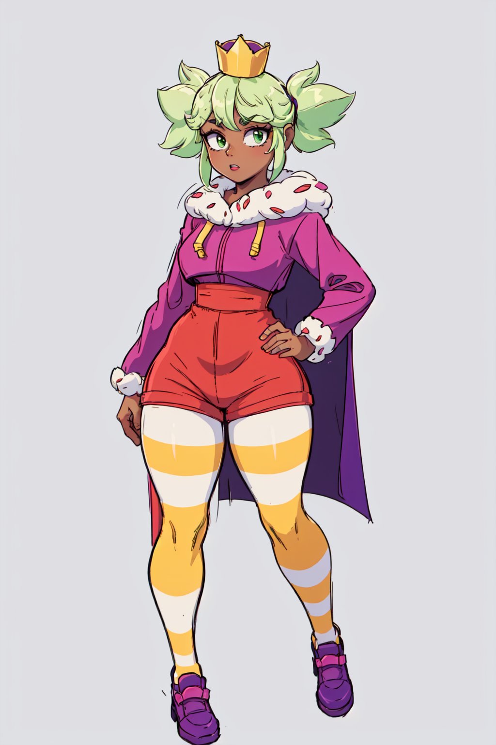 (best quality, masterpiece,4k),mandyBS, dark skin, dark-skinned female, green hair, blonde hair, short hair, short twintails, mini crown, cape, jumpsuit, long sleeves, high-waist shorts, red shorts, striped thighhighs, shoes, purple footwear