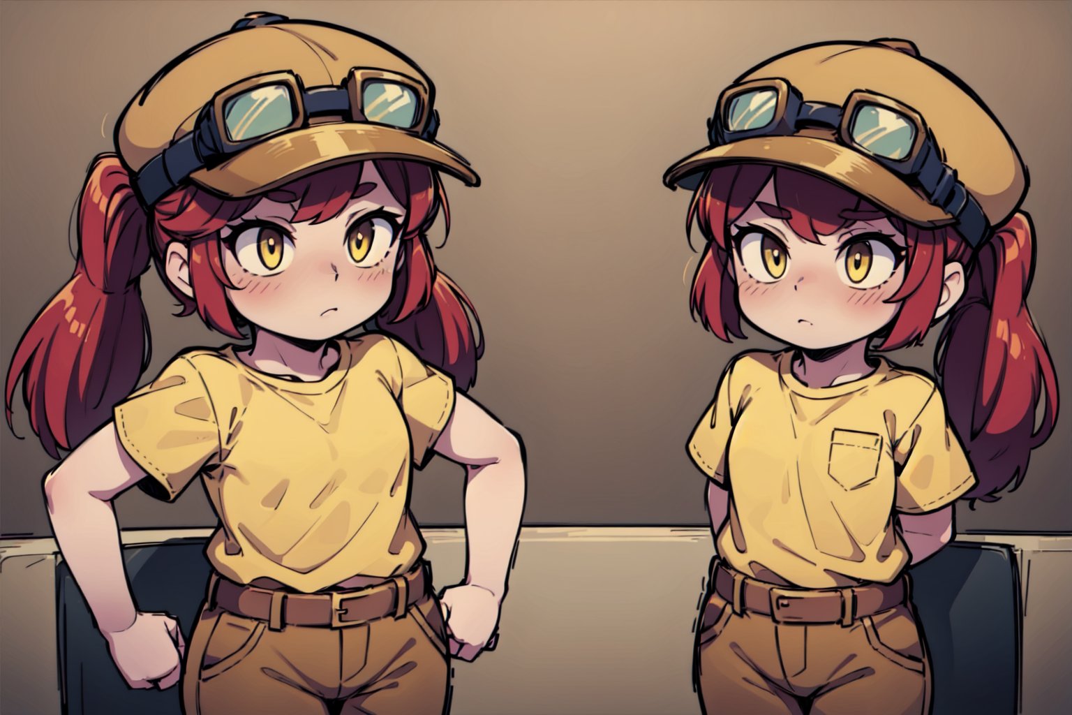 (best quality, masterpiece,4k),1girl ,yellow shirt, red hair, pigtails, long hair, yellow cap with goggles, brown pants,hat ,bsjessie ,Belt  