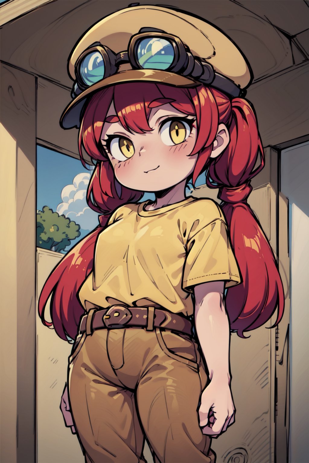 (best quality, masterpiece,4k),1girl ,yellow shirt, red hair, pigtails, long hair, yellow cap with goggles, brown pants,hat ,bsjessie ,Belt  