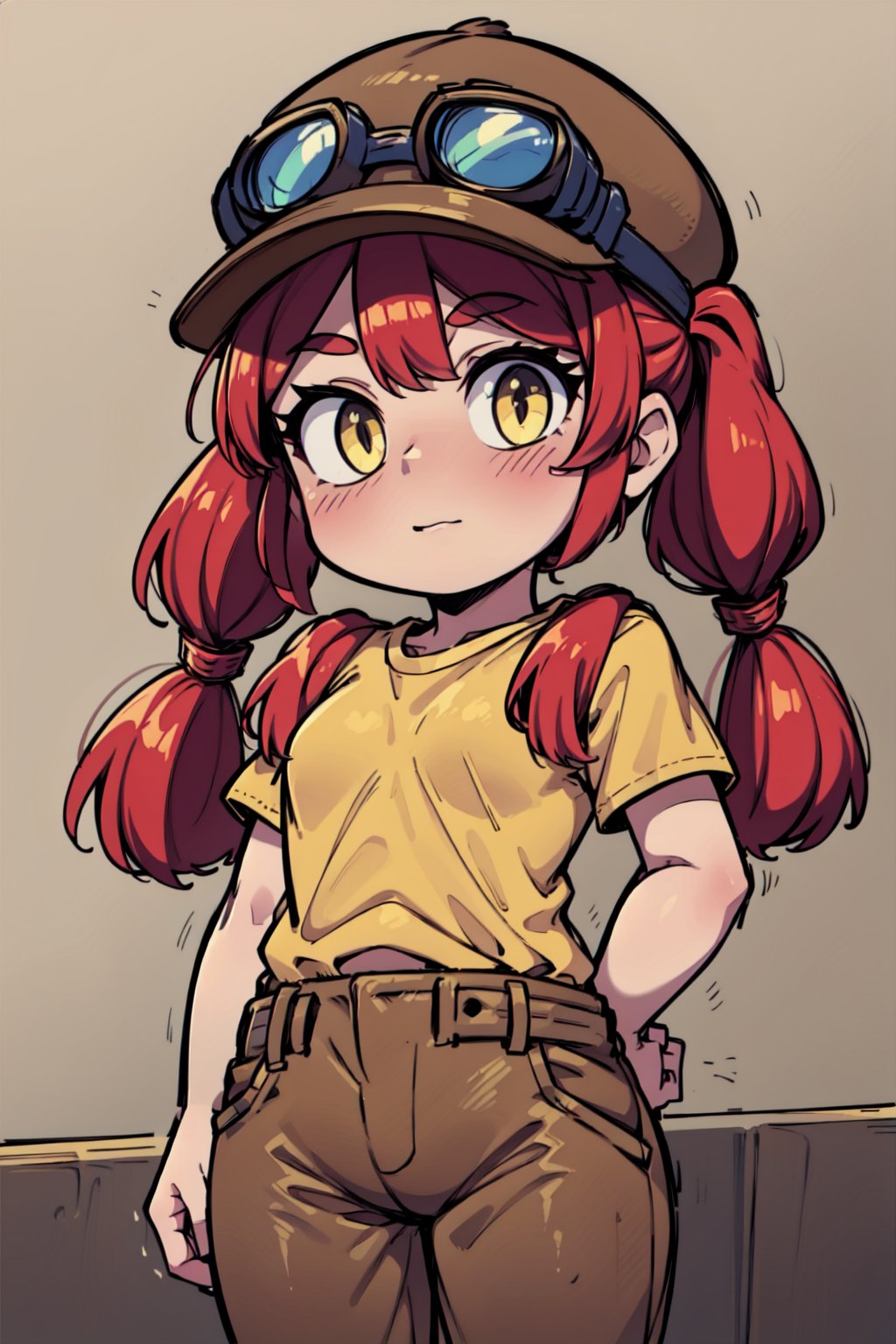 (best quality, masterpiece,4k),1girl ,yellow shirt, red hair, pigtails, long hair, yellow cap with goggles, brown pants,hat ,bsjessie ,Belt  