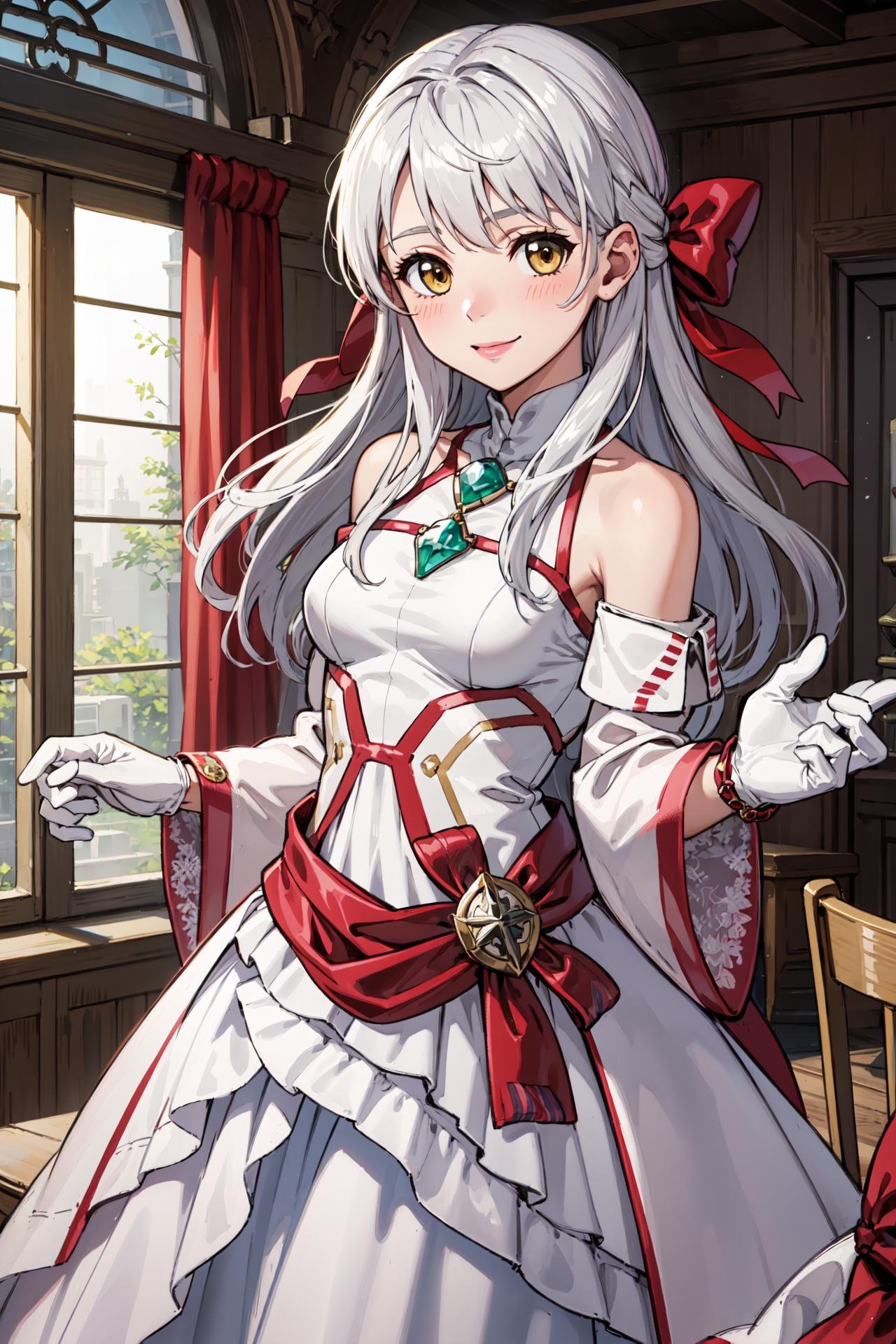 <lora:micaiahV3:0.9>, upper body,wed_micaiah,blush,smile,looking at viewer,wedding dress,gloves, white dress, bare shoulders,white gloves,  jewelry,  long sleeves, sleeveless, see-through, detached sleeves, turtleneck, wide sleeves, red bow, bracelet, white footwear, chapel,indoors, (masterpiece, best quality, ultra-detailed, best shadow)