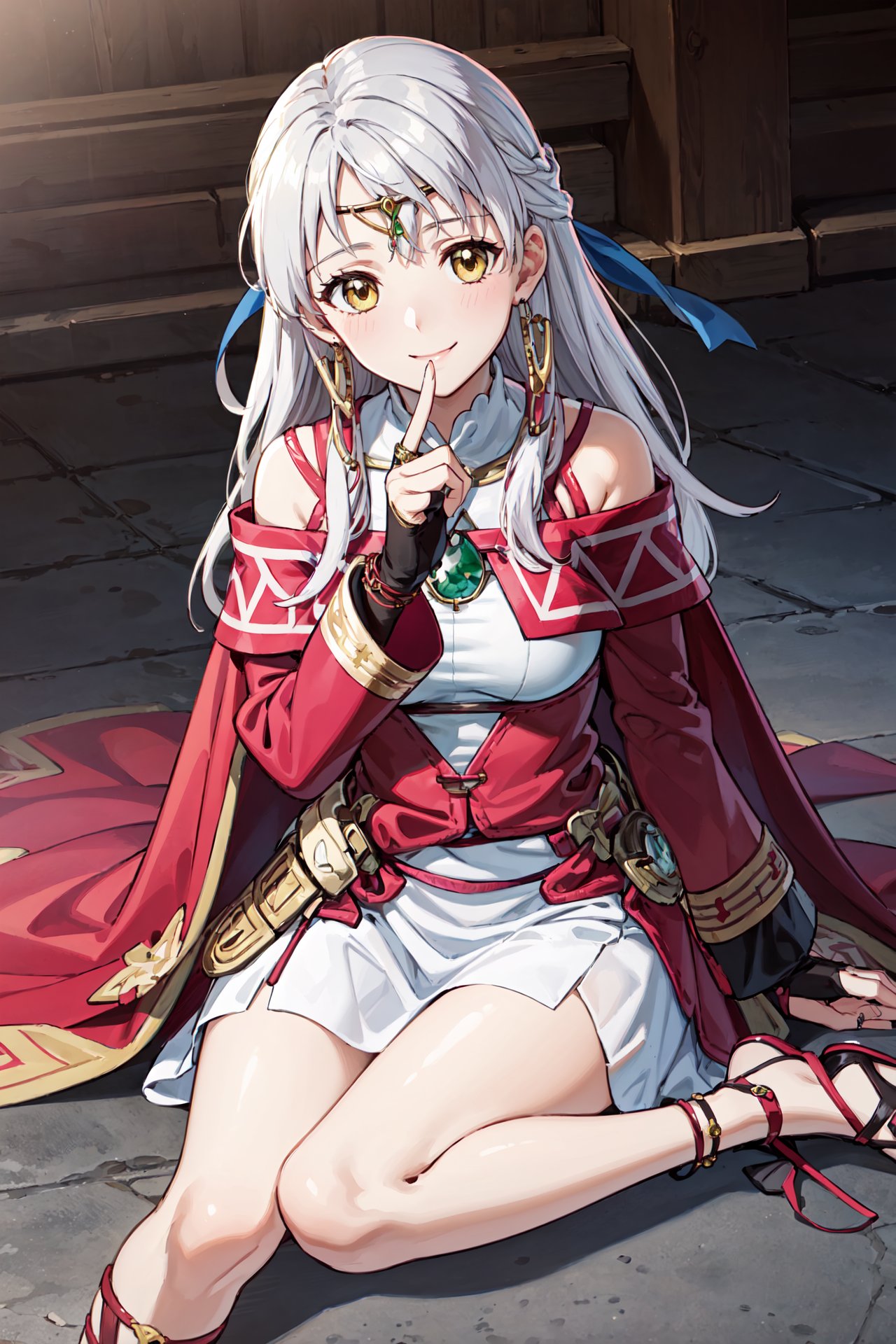 smile,<lora:micaiahV3:0.9>, (circlet:1.3), bra_micaiah,skirt,bridal gauntlets,  jewelry, cape, bare shoulders, sandals,sleeveless dress,red cape, long sleeves, wide sleeves, side slit, white dress, detached sleeves, turtleneck, ribbon, pink dress, fingerless gloves, cafe, (masterpiece, best quality, ultra-detailed, best shadow)