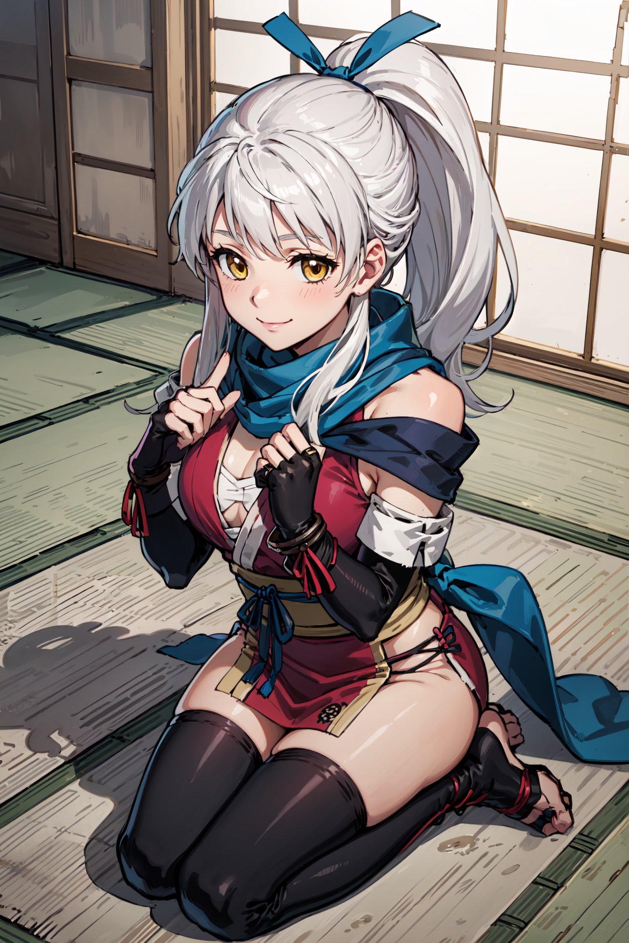 full body,cheek-to-cheek,<lora:micaiahV3:0.9>, nin_micaiah,ponytail,chest sarashi,bandage,  gloves,smile, blue scarf, black gloves, fingerless gloves, elbow gloves, sleeveless dress,ribbon, ,  black thighhighs, side slit,bare shoulders, japanese clothes, bracelet, sash, obi, sleeveless kimono,  bangle,tabi,tatami,indoors, (masterpiece, best quality, ultra-detailed, best shadow)