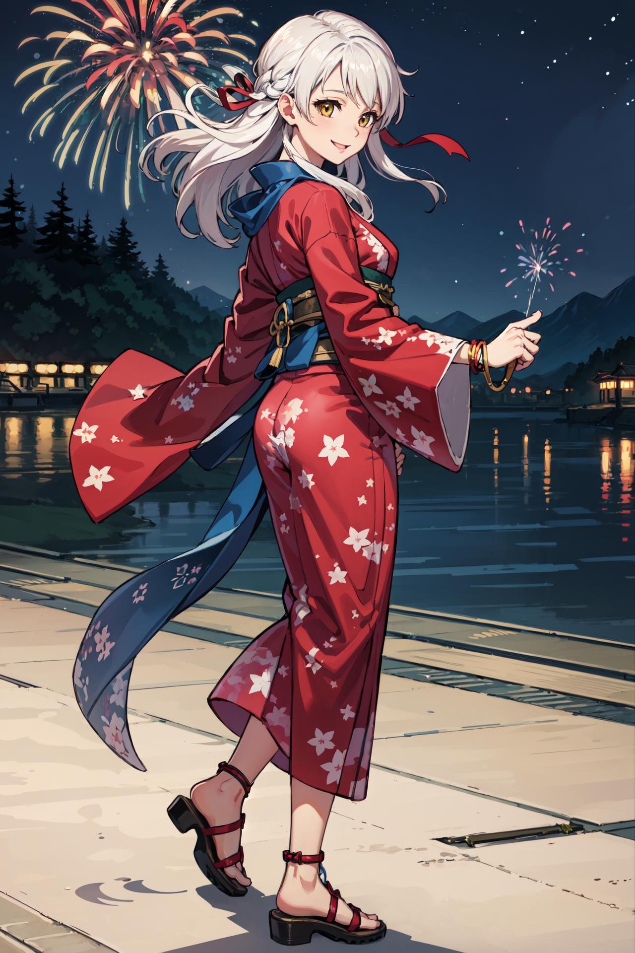 finger gun,from side,<lora:micaiahV3:0.85>, hos_micaiah,  japanese clothes,print kimono,  sash,obi,sandals, wide sleeves, ribbon,long sleeves,bracelet,,summer festival,smile,firework,night, (masterpiece, best quality, ultra-detailed, best shadow)