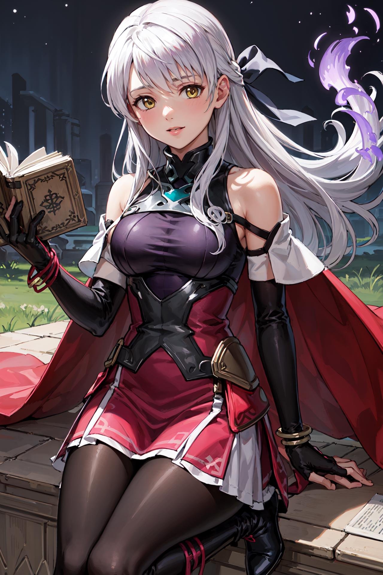 (purple fire,holding book:1.3),<lora:micaiahV3:0.9>, res_micaiah, gradient clothes, dress, elbow gloves, sleeveless, bare shoulders, cape,boots, bracelet, sleeveless dress,ribbon, black gloves, turtleneck, short dress, pantyhose,  black footwear,,night, (masterpiece, best quality, ultra-detailed, best shadow)