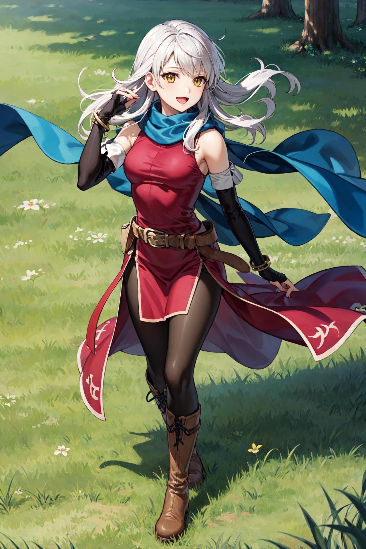 <lora:micaiahV3:0.9>,def_micaiah,,(wind:1.3),full body,hand on hair,smile,gloves, dress,sitinglooking at viewer, open open mouth,  side slit, elbow gloves, pantyhose, sleeveless dress, fingerless gloves,blue scarf,black gloves,jewelry, bracelet, belt, bare shoulders,brown boots,grass,outdoors, (masterpiece, best quality, ultra-detailed, best shadow)