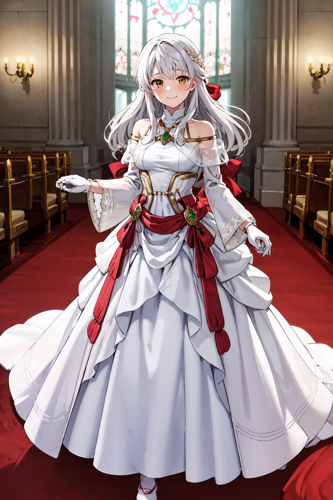 <lora:micaiahV3:0.9>, wed_micaiah,blush,smile,looking at viewer,wedding dress,gloves, white dress, bare shoulders,white gloves,  jewelry,  long sleeves, sleeveless, see-through, detached sleeves, turtleneck, wide sleeves, red bow, bracelet, white footwear, chapel,indoors, (masterpiece, best quality, ultra-detailed, best shadow)