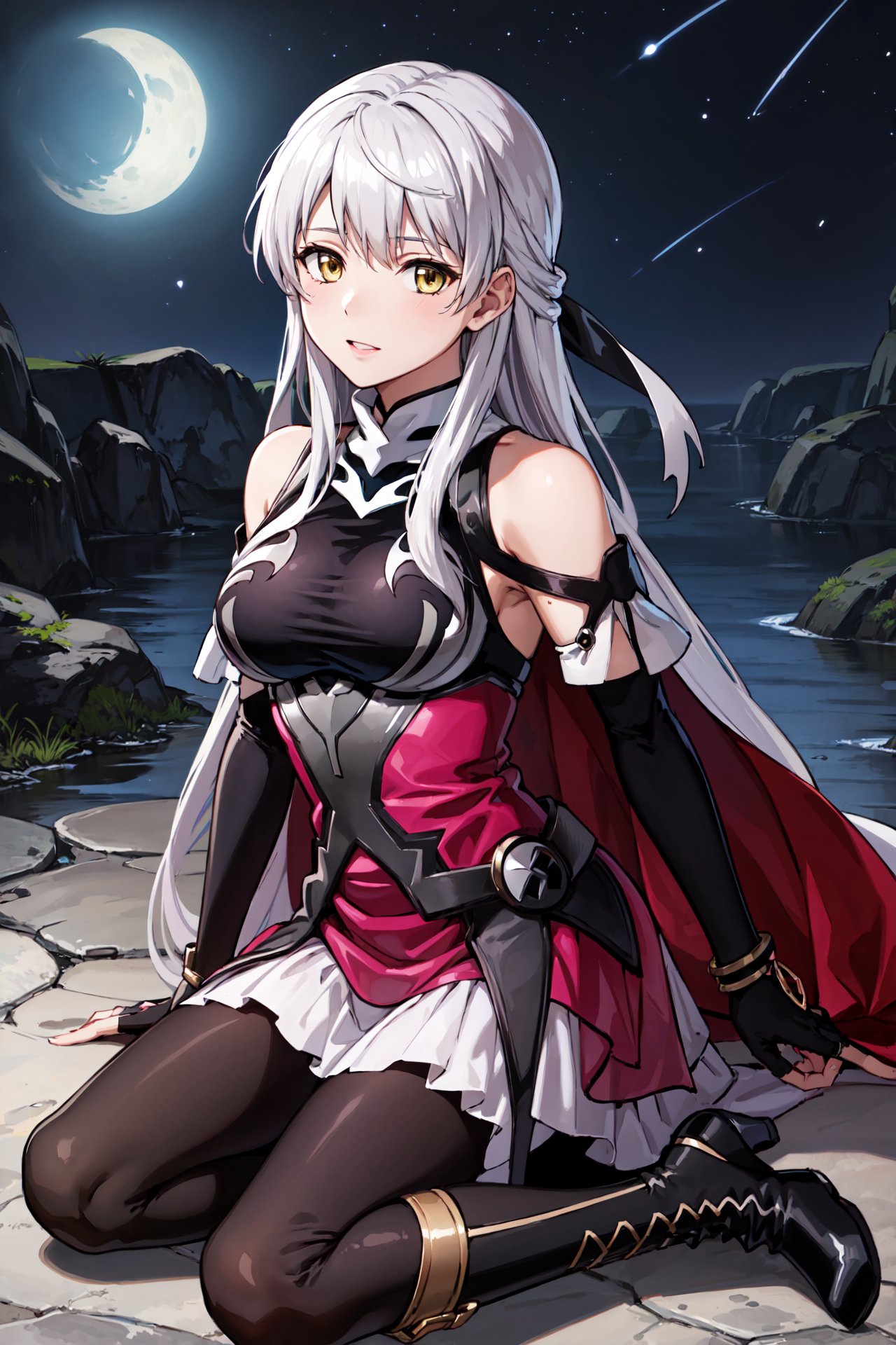 <lora:micaiahV3:0.9>, res_micaiah, gradient clothes, dress, elbow gloves, sleeveless, bare shoulders, cape,boots, bracelet, sleeveless dress,ribbon, black gloves, turtleneck, short dress, pantyhose,  black footwear,,night, (masterpiece, best quality, ultra-detailed, best shadow)