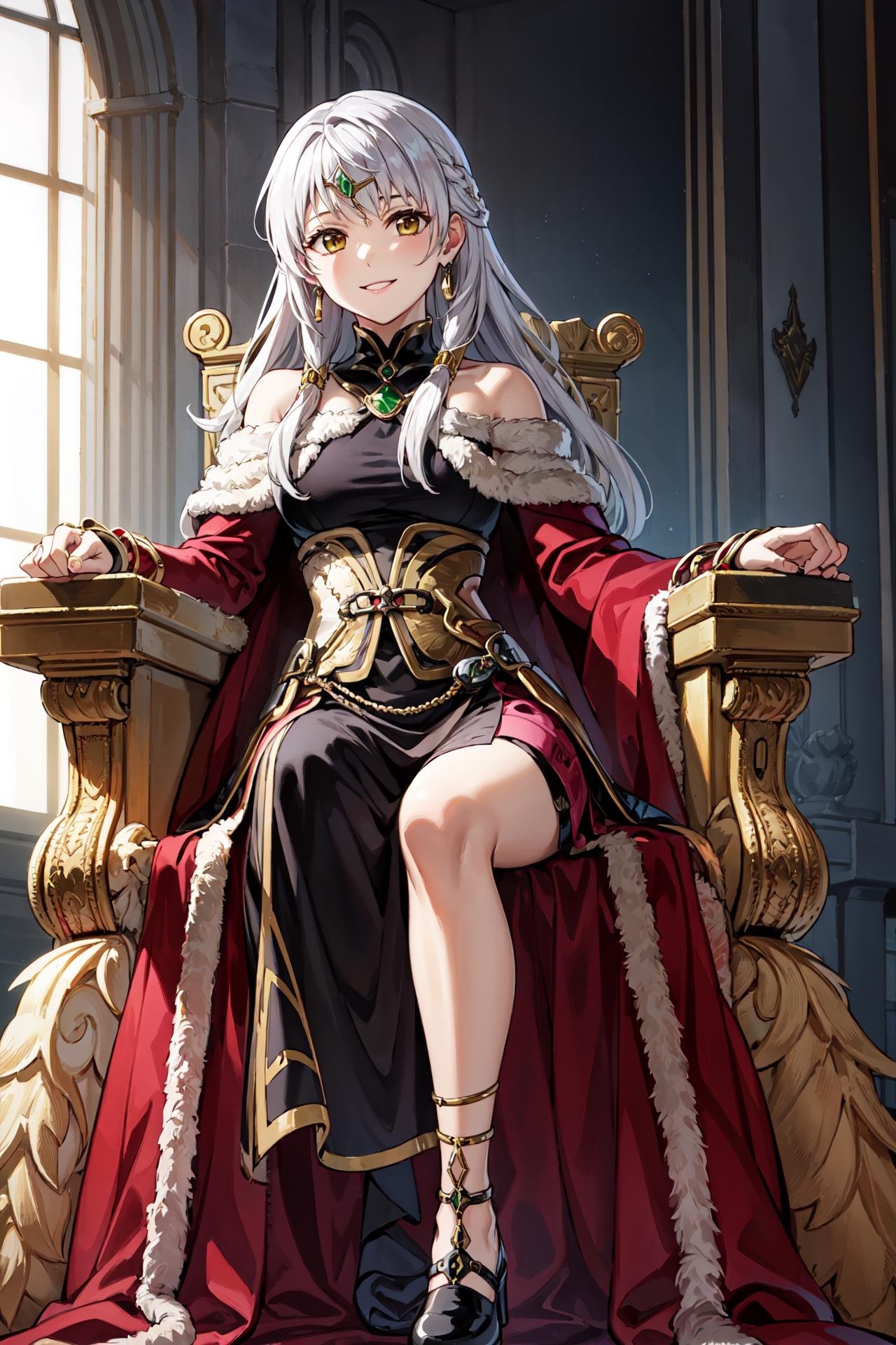 sitting,smile,(throne,from below:1.2),<lora:micaiahV3:0.9>, leg_micaiah, circlet,  jewelry,bare shoulders earrings,  bridal gauntlets,sleeveless, black dress, bracelet, side slit,gold trim, red fur-trimmed cape,pelvic curtain,  sleeveless dress, black footwear, turtleneck, long sleeves,castle,intdoors, (masterpiece, best quality, ultra-detailed, best shadow)