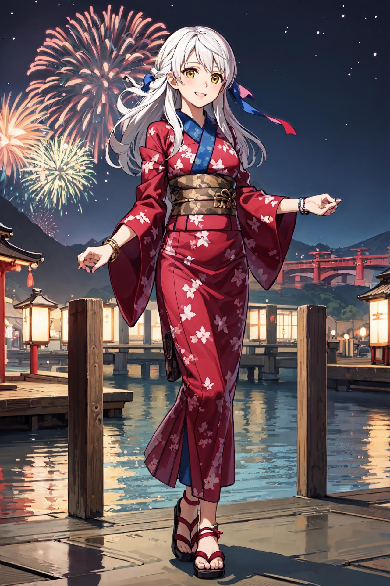 <lora:micaiahV3:0.9>, hos_micaiah,  japanese clothes,print kimono,  sash,obi,sandals, wide sleeves, ribbon,long sleeves,bracelet,,summer festival,smile,firework,night,river,bridge, (masterpiece, best quality, ultra-detailed, best shadow)