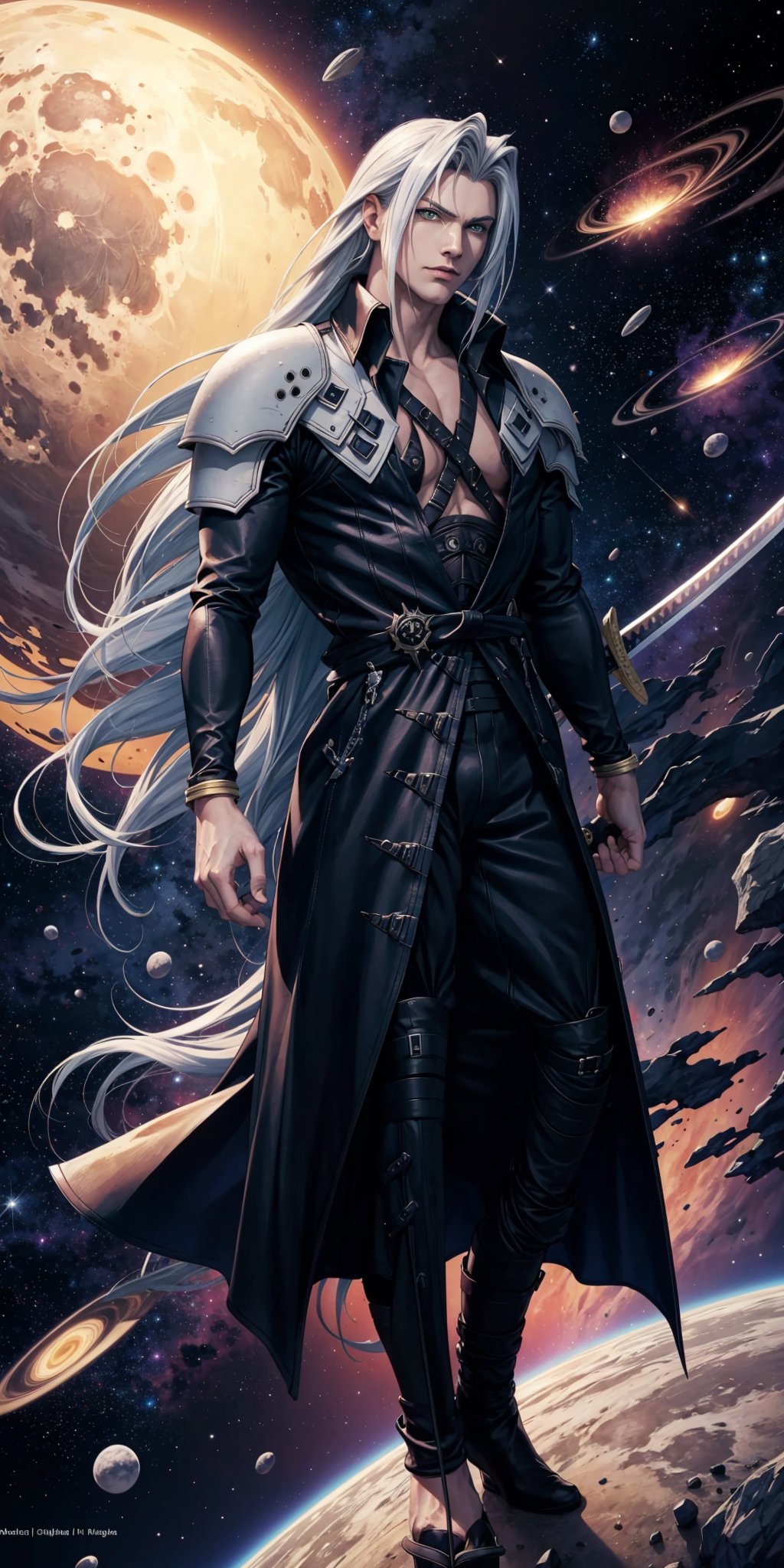 Sephiroth (Final Fantasy),extending his hand,on comet in space,nebula background,fantasy,scifi,masamune,extremely long katana,upper body shot, hes about to get omnishlased big time =b