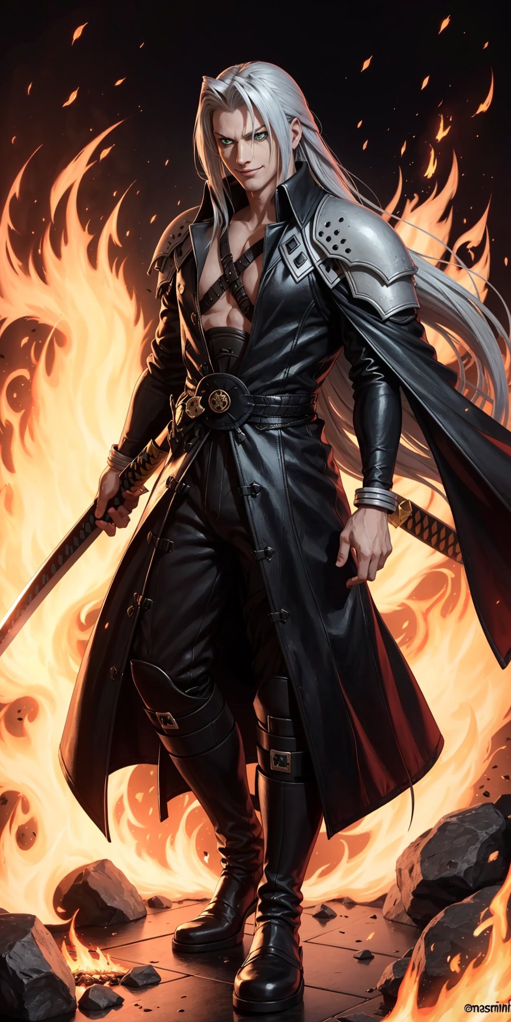 Sephiroth (Final Fantasy),burning village,standing in fire,evil face,omnious smile,unafected by the flames,fantast,scifi,masamune,unrealisticalty long katana,