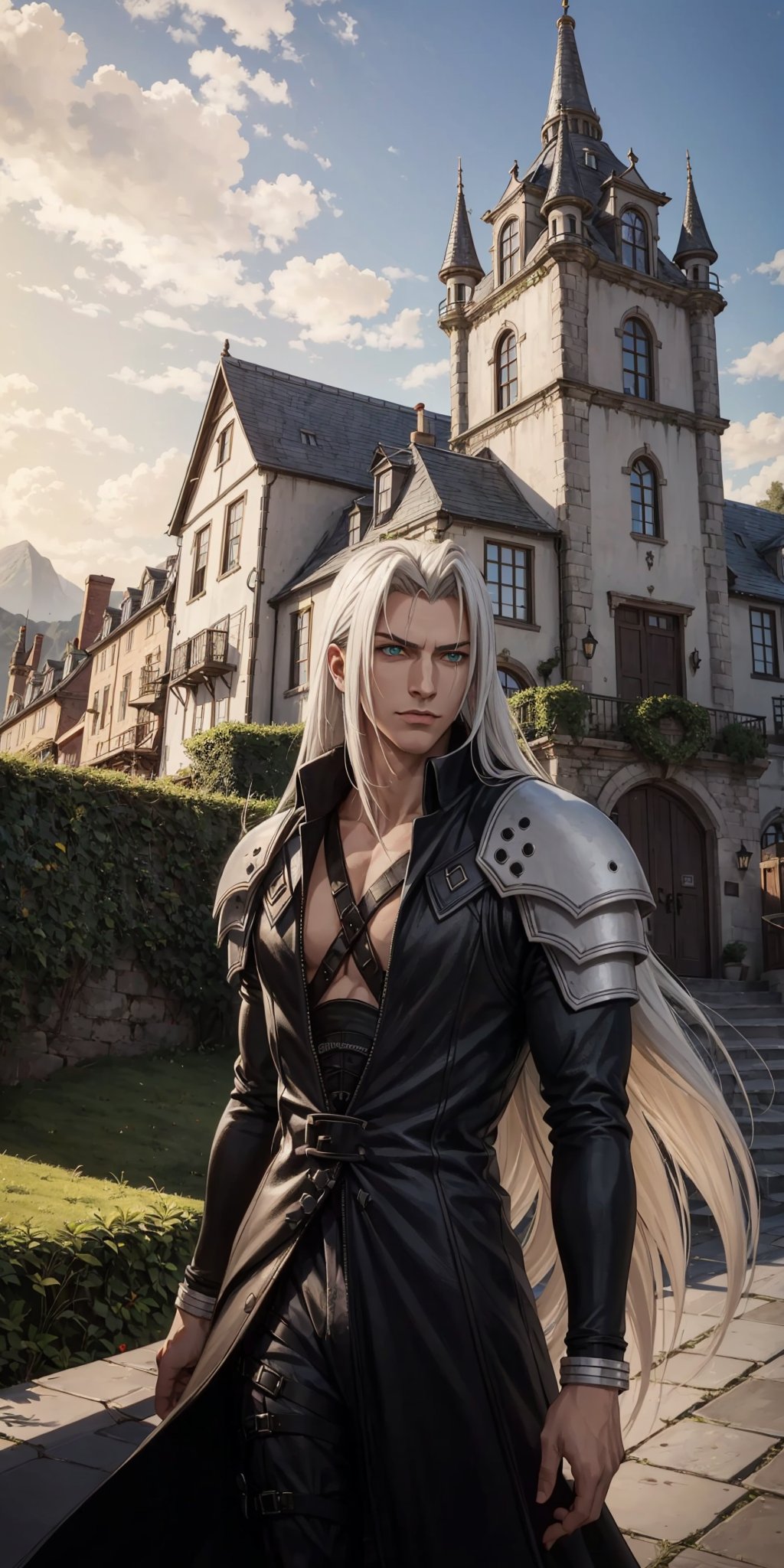 Sephiroth (Final Fantasy),confident,arrogant,picture perfect face,entrence to small village,tavern,townsquare,broken down car,giant mansion on hill,omnious spiked mountains