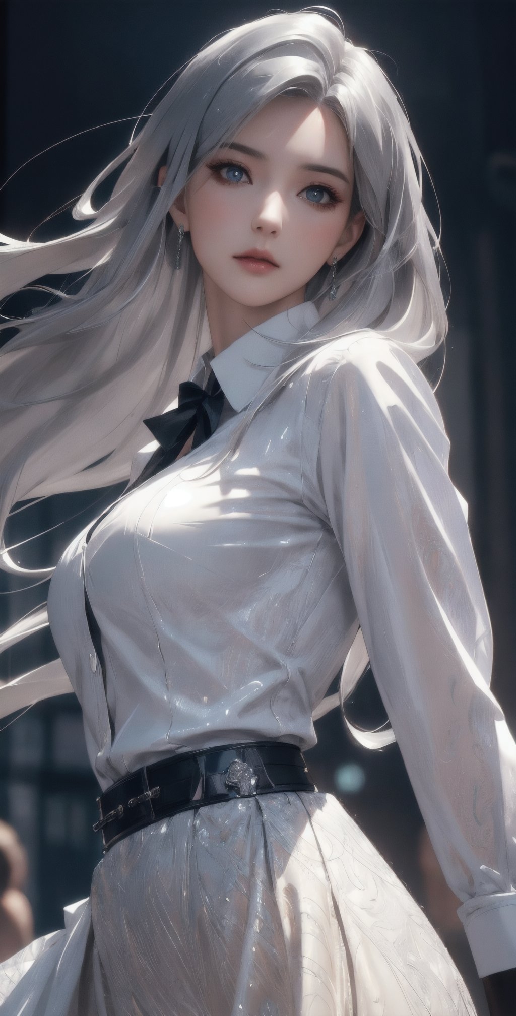 photorealistic, masterpiece, best quality, raw photo, 1girl, solo, long hair, silver hair, detailed face, alluring face, collared shirt, medium breasts, dynamic pose, looking at viewer, detailed background, fine detailed, intricate detail,  ray tracing, depth of field, low key, hdr