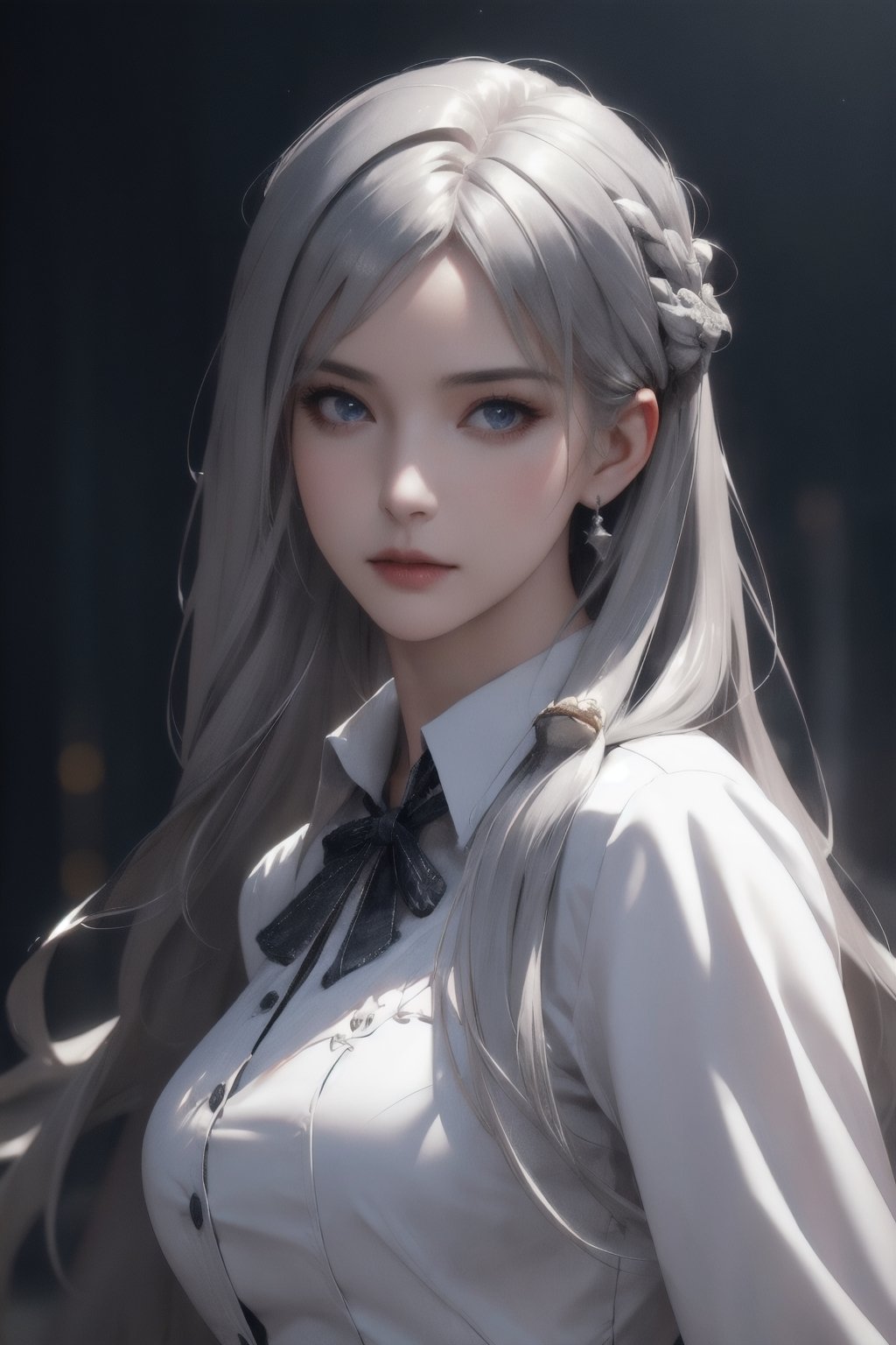 photorealistic, masterpiece, best quality, raw photo, 1girl, solo, long hair, silver hair, detailed face, alluring face, collared shirt, medium breasts, dynamic pose, looking at viewer, detailed background, fine detailed, intricate detail,  ray tracing, depth of field, low key, hdr