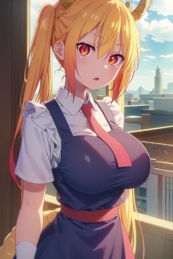 dragontohru, <lora:dragon tohru s2-lora-nochekaiser:1>, tohru, tohru \(maidragon\), long hair, bangs, blonde hair, hair between eyes, twintails, very long hair, multicolored hair, horns, fang, gradient hair, dragon horns, (red eyes:1.3), (slit pupils:1.5),BREAK gloves, dress, tail, short sleeves, necktie, white gloves, maid, maid headdress, dragon girl, dragon tail, scales, large tail,BREAK outdoors, sun, sky, clouds, city,BREAK looking at viewer, (cowboy shot:1.5),BREAK <lyco:GoodHands-beta2:1>, (masterpiece:1.2), best quality, high resolution, unity 8k wallpaper, (illustration:0.8), (beautiful detailed eyes:1.6), extremely detailed face, perfect lighting, extremely detailed CG, (perfect hands, perfect anatomy),