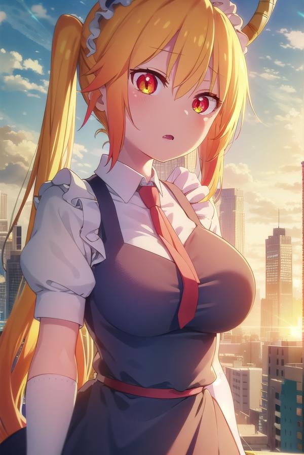 dragontohru, <lora:dragon tohru s2-lora-nochekaiser:1>, tohru, tohru \(maidragon\), long hair, bangs, blonde hair, hair between eyes, twintails, very long hair, multicolored hair, horns, fang, gradient hair, dragon horns, (red eyes:1.3), (slit pupils:1.5),BREAK gloves, dress, tail, short sleeves, necktie, white gloves, maid, maid headdress, dragon girl, dragon tail, scales, large tail,BREAK outdoors, sun, sky, clouds, city,BREAK looking at viewer, (cowboy shot:1.5),BREAK <lyco:GoodHands-beta2:1>, (masterpiece:1.2), best quality, high resolution, unity 8k wallpaper, (illustration:0.8), (beautiful detailed eyes:1.6), extremely detailed face, perfect lighting, extremely detailed CG, (perfect hands, perfect anatomy),