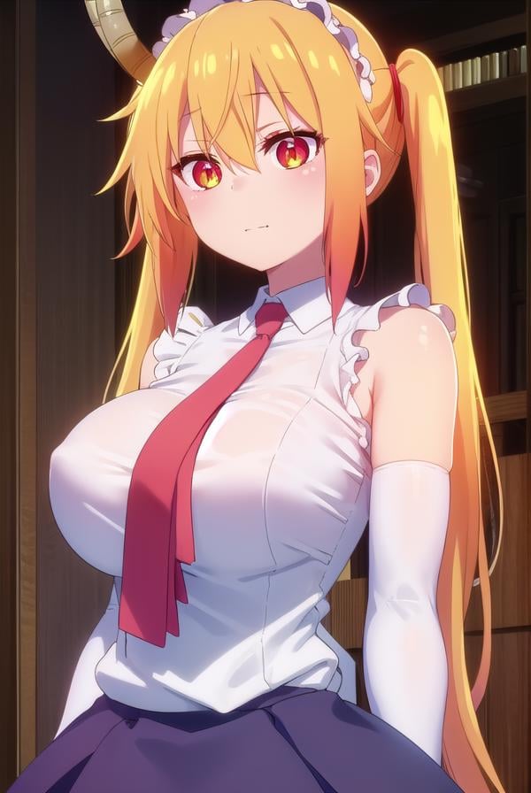 dragontohru, <lora:dragon tohru s2-lora-nochekaiser:1>, tohru, tohru \(maidragon\), long hair, bangs, blonde hair, hair between eyes, twintails, very long hair, multicolored hair, horns, fang, gradient hair, dragon horns, (red eyes:1.3), (slit pupils:1.5), smile,BREAK gloves, necktie, sleeveless, white gloves, maid headdress, detached sleeves, shirt, (white shirt:1.5), collared shirt,BREAK indoors, restaurant,BREAK looking at viewer, (cowboy shot:1.5),BREAK <lyco:GoodHands-beta2:1>, (masterpiece:1.2), best quality, high resolution, unity 8k wallpaper, (illustration:0.8), (beautiful detailed eyes:1.6), extremely detailed face, perfect lighting, extremely detailed CG, (perfect hands, perfect anatomy),