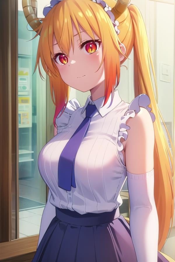 dragontohru, <lora:dragon tohru s2-lora-nochekaiser:1>, tohru, tohru \(maidragon\), long hair, bangs, blonde hair, hair between eyes, twintails, very long hair, multicolored hair, horns, fang, gradient hair, dragon horns, (red eyes:1.3), (slit pupils:1.5), smile,BREAK gloves, necktie, sleeveless, white gloves, maid headdress, detached sleeves, shirt, (white shirt:1.5), collared shirt,BREAK indoors, restaurant,BREAK looking at viewer, (cowboy shot:1.5),BREAK <lyco:GoodHands-beta2:1>, (masterpiece:1.2), best quality, high resolution, unity 8k wallpaper, (illustration:0.8), (beautiful detailed eyes:1.6), extremely detailed face, perfect lighting, extremely detailed CG, (perfect hands, perfect anatomy),