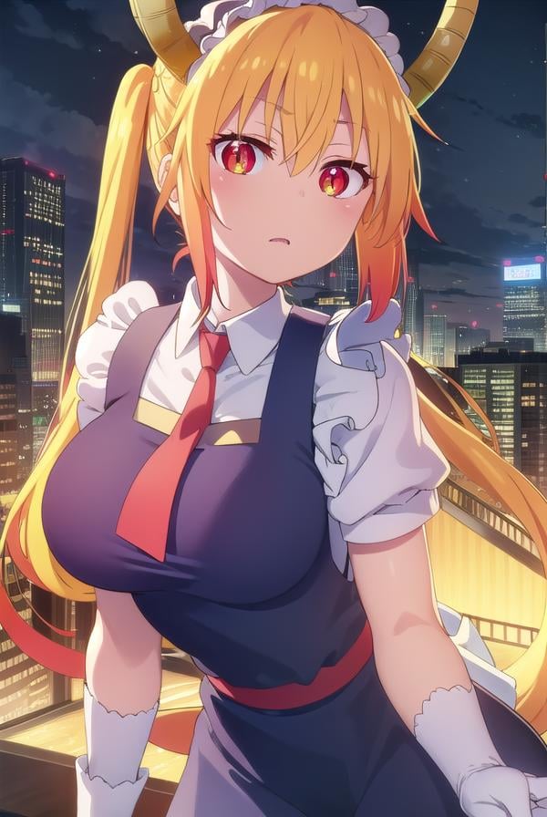 dragontohru, <lora:dragon tohru s2-lora-nochekaiser:1>, tohru, tohru \(maidragon\), long hair, bangs, blonde hair, hair between eyes, twintails, very long hair, multicolored hair, horns, fang, gradient hair, dragon horns, (red eyes:1.3), (slit pupils:1.5),BREAK gloves, dress, tail, short sleeves, necktie, white gloves, maid, maid headdress, dragon girl, dragon tail, scales, large tail,BREAK outdoors, sun, sky, clouds, city,BREAK looking at viewer, (cowboy shot:1.5),BREAK <lyco:GoodHands-beta2:1>, (masterpiece:1.2), best quality, high resolution, unity 8k wallpaper, (illustration:0.8), (beautiful detailed eyes:1.6), extremely detailed face, perfect lighting, extremely detailed CG, (perfect hands, perfect anatomy),