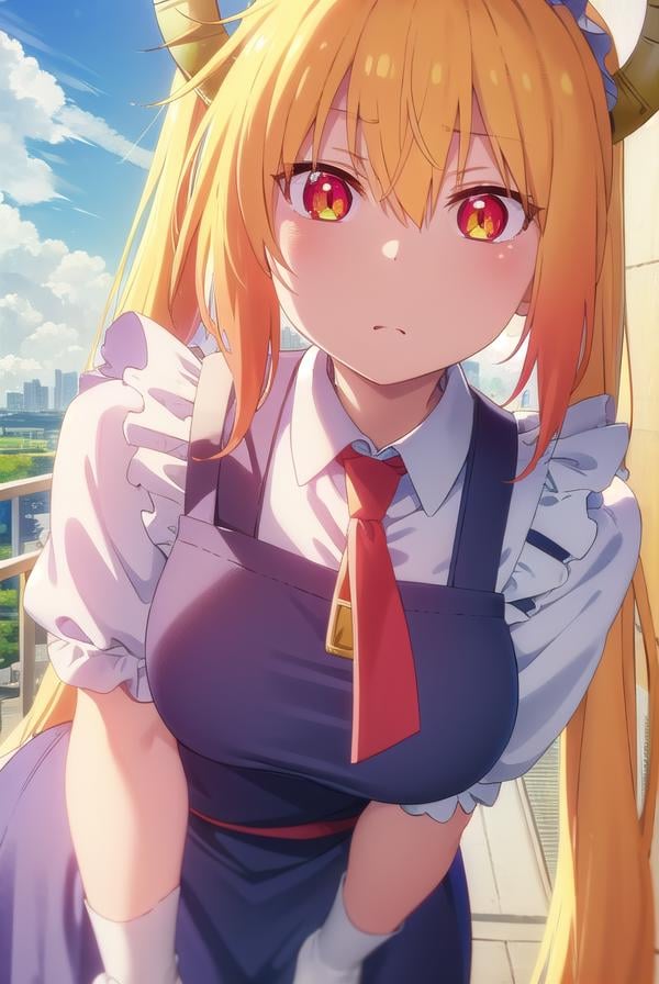 dragontohru, <lora:dragon tohru s2-lora-nochekaiser:1>, tohru, tohru \(maidragon\), long hair, bangs, blonde hair, hair between eyes, twintails, very long hair, multicolored hair, horns, fang, gradient hair, dragon horns, (red eyes:1.3), (slit pupils:1.5),BREAK gloves, dress, tail, short sleeves, necktie, white gloves, maid, maid headdress, dragon girl, dragon tail, scales, large tail,BREAK outdoors, sun, sky, clouds, city,BREAK looking at viewer, (cowboy shot:1.5),BREAK <lyco:GoodHands-beta2:1>, (masterpiece:1.2), best quality, high resolution, unity 8k wallpaper, (illustration:0.8), (beautiful detailed eyes:1.6), extremely detailed face, perfect lighting, extremely detailed CG, (perfect hands, perfect anatomy),