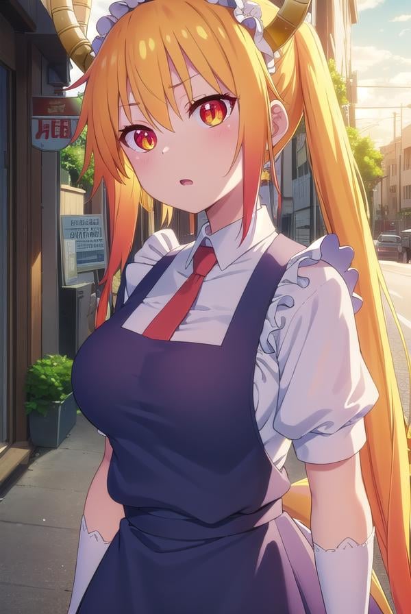 dragontohru, <lora:dragon tohru s2-lora-nochekaiser:1>, tohru, tohru \(maidragon\), long hair, bangs, blonde hair, hair between eyes, twintails, very long hair, multicolored hair, horns, fang, gradient hair, dragon horns, (red eyes:1.3), (slit pupils:1.5),BREAK gloves, dress, tail, short sleeves, necktie, white gloves, maid, maid headdress, dragon girl, dragon tail, scales, large tail,BREAK outdoors, sun, sky, clouds, city,BREAK looking at viewer, (cowboy shot:1.5),BREAK <lyco:GoodHands-beta2:1>, (masterpiece:1.2), best quality, high resolution, unity 8k wallpaper, (illustration:0.8), (beautiful detailed eyes:1.6), extremely detailed face, perfect lighting, extremely detailed CG, (perfect hands, perfect anatomy),