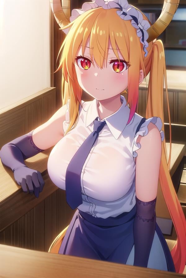 dragontohru, <lora:dragon tohru s2-lora-nochekaiser:1>, tohru, tohru \(maidragon\), long hair, bangs, blonde hair, hair between eyes, twintails, very long hair, multicolored hair, horns, fang, gradient hair, dragon horns, (red eyes:1.3), (slit pupils:1.5), smile,BREAK gloves, necktie, sleeveless, white gloves, maid headdress, detached sleeves, shirt, (white shirt:1.5), collared shirt,BREAK indoors, restaurant,BREAK looking at viewer, (cowboy shot:1.5),BREAK <lyco:GoodHands-beta2:1>, (masterpiece:1.2), best quality, high resolution, unity 8k wallpaper, (illustration:0.8), (beautiful detailed eyes:1.6), extremely detailed face, perfect lighting, extremely detailed CG, (perfect hands, perfect anatomy),