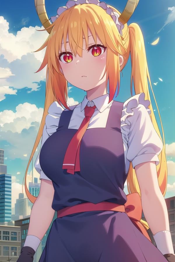 dragontohru, <lora:dragon tohru s2-lora-nochekaiser:1>, tohru, tohru \(maidragon\), long hair, bangs, blonde hair, hair between eyes, twintails, very long hair, multicolored hair, horns, fang, gradient hair, dragon horns, (red eyes:1.3), (slit pupils:1.5),BREAK gloves, dress, tail, short sleeves, necktie, white gloves, maid, maid headdress, dragon girl, dragon tail, scales, large tail,BREAK outdoors, sun, sky, clouds, city,BREAK looking at viewer, (cowboy shot:1.5),BREAK <lyco:GoodHands-beta2:1>, (masterpiece:1.2), best quality, high resolution, unity 8k wallpaper, (illustration:0.8), (beautiful detailed eyes:1.6), extremely detailed face, perfect lighting, extremely detailed CG, (perfect hands, perfect anatomy),