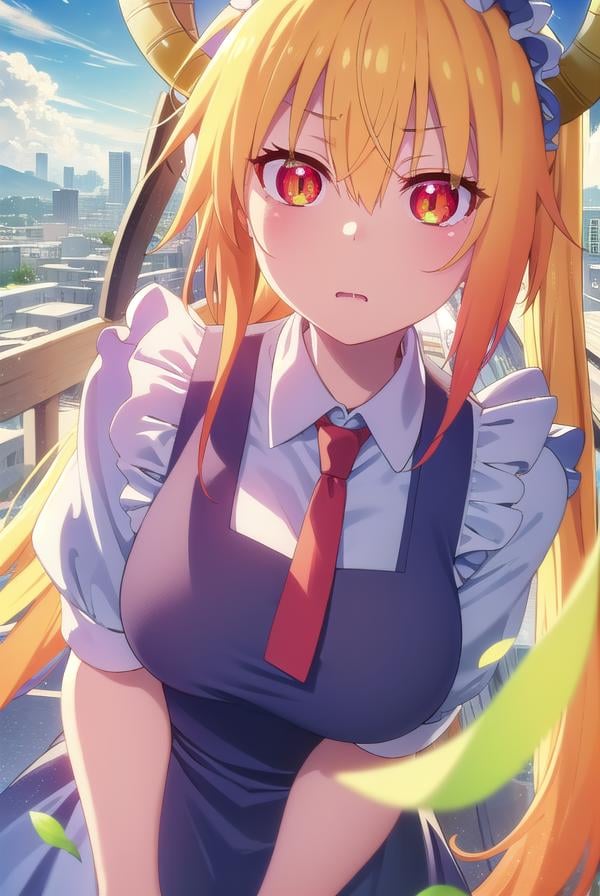 dragontohru, <lora:dragon tohru s2-lora-nochekaiser:1>, tohru, tohru \(maidragon\), long hair, bangs, blonde hair, hair between eyes, twintails, very long hair, multicolored hair, horns, fang, gradient hair, dragon horns, (red eyes:1.3), (slit pupils:1.5),BREAK gloves, dress, tail, short sleeves, necktie, white gloves, maid, maid headdress, dragon girl, dragon tail, scales, large tail,BREAK outdoors, sun, sky, clouds, city,BREAK looking at viewer, (cowboy shot:1.5),BREAK <lyco:GoodHands-beta2:1>, (masterpiece:1.2), best quality, high resolution, unity 8k wallpaper, (illustration:0.8), (beautiful detailed eyes:1.6), extremely detailed face, perfect lighting, extremely detailed CG, (perfect hands, perfect anatomy),