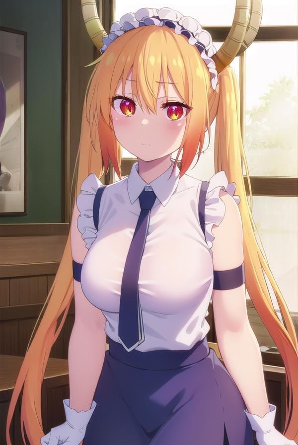 dragontohru, <lora:dragon tohru s2-lora-nochekaiser:1>, tohru, tohru \(maidragon\), long hair, bangs, blonde hair, hair between eyes, twintails, very long hair, multicolored hair, horns, fang, gradient hair, dragon horns, (red eyes:1.3), (slit pupils:1.5), smile,BREAK gloves, necktie, sleeveless, white gloves, maid headdress, detached sleeves, shirt, (white shirt:1.5), collared shirt,BREAK indoors, restaurant,BREAK looking at viewer, (cowboy shot:1.5),BREAK <lyco:GoodHands-beta2:1>, (masterpiece:1.2), best quality, high resolution, unity 8k wallpaper, (illustration:0.8), (beautiful detailed eyes:1.6), extremely detailed face, perfect lighting, extremely detailed CG, (perfect hands, perfect anatomy),