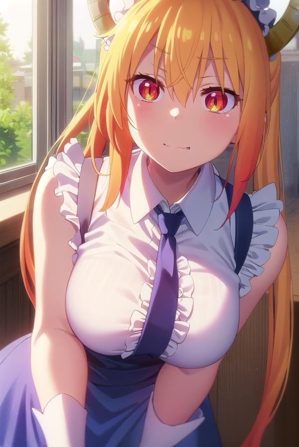 dragontohru, <lora:dragon tohru s2-lora-nochekaiser:1>, tohru, tohru \(maidragon\), long hair, bangs, blonde hair, hair between eyes, twintails, very long hair, multicolored hair, horns, fang, gradient hair, dragon horns, (red eyes:1.3), (slit pupils:1.5), smile,BREAK gloves, necktie, sleeveless, white gloves, maid headdress, detached sleeves, shirt, (white shirt:1.5), collared shirt,BREAK indoors, restaurant,BREAK looking at viewer, (cowboy shot:1.5),BREAK <lyco:GoodHands-beta2:1>, (masterpiece:1.2), best quality, high resolution, unity 8k wallpaper, (illustration:0.8), (beautiful detailed eyes:1.6), extremely detailed face, perfect lighting, extremely detailed CG, (perfect hands, perfect anatomy),