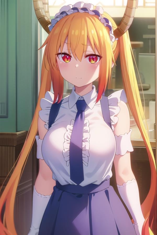 dragontohru, <lora:dragon tohru s2-lora-nochekaiser:1>, tohru, tohru \(maidragon\), long hair, bangs, blonde hair, hair between eyes, twintails, very long hair, multicolored hair, horns, fang, gradient hair, dragon horns, (red eyes:1.3), (slit pupils:1.5), smile,BREAK gloves, necktie, sleeveless, white gloves, maid headdress, detached sleeves, shirt, (white shirt:1.5), collared shirt,BREAK indoors, restaurant,BREAK looking at viewer, (cowboy shot:1.5),BREAK <lyco:GoodHands-beta2:1>, (masterpiece:1.2), best quality, high resolution, unity 8k wallpaper, (illustration:0.8), (beautiful detailed eyes:1.6), extremely detailed face, perfect lighting, extremely detailed CG, (perfect hands, perfect anatomy),