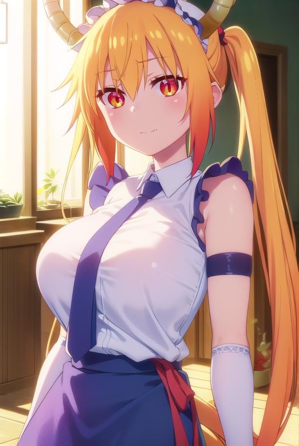 dragontohru, <lora:dragon tohru s2-lora-nochekaiser:1>, tohru, tohru \(maidragon\), long hair, bangs, blonde hair, hair between eyes, twintails, very long hair, multicolored hair, horns, fang, gradient hair, dragon horns, (red eyes:1.3), (slit pupils:1.5), smile,BREAK gloves, necktie, sleeveless, white gloves, maid headdress, detached sleeves, shirt, (white shirt:1.5), collared shirt,BREAK indoors, restaurant,BREAK looking at viewer, (cowboy shot:1.5),BREAK <lyco:GoodHands-beta2:1>, (masterpiece:1.2), best quality, high resolution, unity 8k wallpaper, (illustration:0.8), (beautiful detailed eyes:1.6), extremely detailed face, perfect lighting, extremely detailed CG, (perfect hands, perfect anatomy),