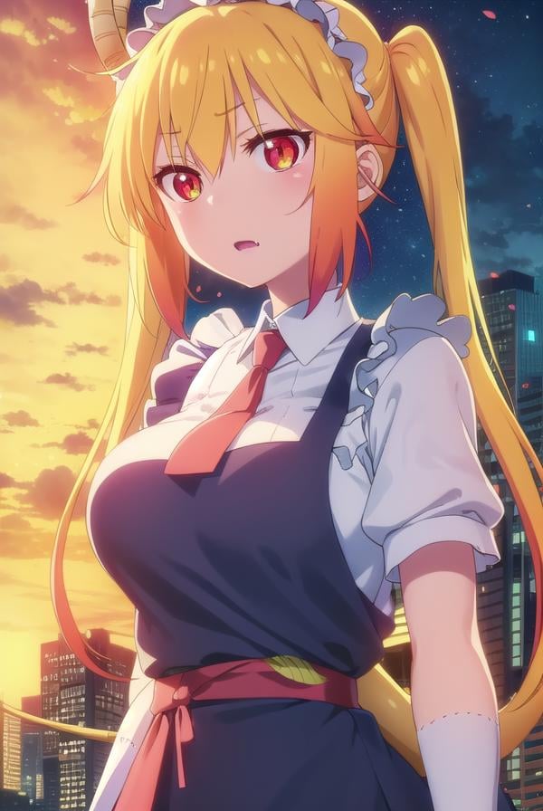 dragontohru, <lora:dragon tohru s2-lora-nochekaiser:1>, tohru, tohru \(maidragon\), long hair, bangs, blonde hair, hair between eyes, twintails, very long hair, multicolored hair, horns, fang, gradient hair, dragon horns, (red eyes:1.3), (slit pupils:1.5),BREAK gloves, dress, tail, short sleeves, necktie, white gloves, maid, maid headdress, dragon girl, dragon tail, scales, large tail,BREAK outdoors, sun, sky, clouds, city,BREAK looking at viewer, (cowboy shot:1.5),BREAK <lyco:GoodHands-beta2:1>, (masterpiece:1.2), best quality, high resolution, unity 8k wallpaper, (illustration:0.8), (beautiful detailed eyes:1.6), extremely detailed face, perfect lighting, extremely detailed CG, (perfect hands, perfect anatomy),