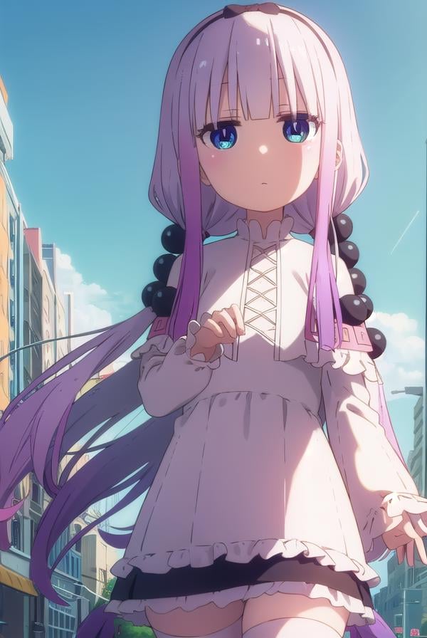 kannakamui, <lora:kanna kamui s2-lora-nochekaiser:1>,kanna kamui, long hair, bangs, blue eyes, hair ornament, twintails, blunt bangs, low twintails, light purple hair, beads, dragon girl, hair beads, hairband,BREAK thighhighs, long sleeves, dress, capelet, juliete sleeves,BREAK outdoors, city, sky, sun, clouds,BREAK looking at viewer, BREAK <lyco:GoodHands-beta2:1>, (masterpiece:1.2), best quality, high resolution, unity 8k wallpaper, (illustration:0.8), (beautiful detailed eyes:1.6), extremely detailed face, perfect lighting, extremely detailed CG, (perfect hands, perfect anatomy),