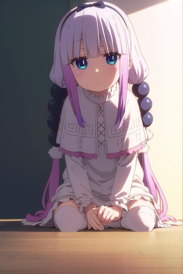 kannakamui, <lora:kanna kamui s2-lora-nochekaiser:1>,kanna kamui, long hair, bangs, blue eyes, hair ornament, twintails, blunt bangs, low twintails, light purple hair, beads, dragon girl, hair beads, hairband,BREAK thighhighs, long sleeves, dress, capelet, juliete sleeves,BREAK indoors, home,BREAK looking at viewer, BREAK <lyco:GoodHands-beta2:1>, (masterpiece:1.2), best quality, high resolution, unity 8k wallpaper, (illustration:0.8), (beautiful detailed eyes:1.6), extremely detailed face, perfect lighting, extremely detailed CG, (perfect hands, perfect anatomy),