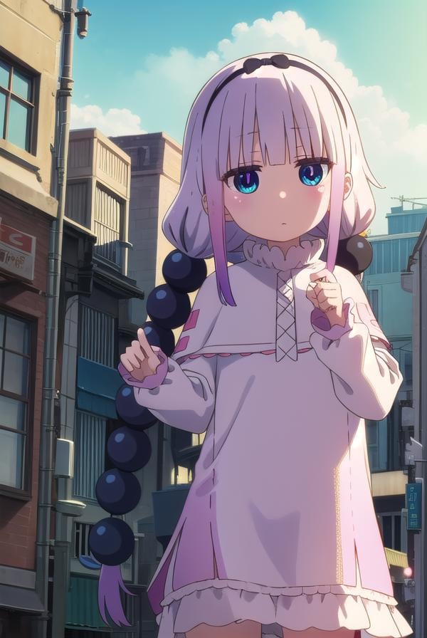 kannakamui, <lora:kanna kamui s2-lora-nochekaiser:1>,kanna kamui, long hair, bangs, blue eyes, hair ornament, twintails, blunt bangs, low twintails, light purple hair, beads, dragon girl, hair beads, hairband,BREAK thighhighs, long sleeves, dress, capelet, juliete sleeves,BREAK outdoors, city, sky, sun, clouds,BREAK looking at viewer, BREAK <lyco:GoodHands-beta2:1>, (masterpiece:1.2), best quality, high resolution, unity 8k wallpaper, (illustration:0.8), (beautiful detailed eyes:1.6), extremely detailed face, perfect lighting, extremely detailed CG, (perfect hands, perfect anatomy),