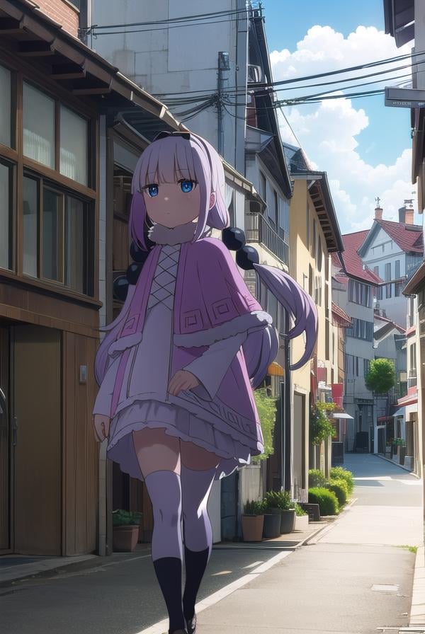 kannakamui, <lora:kanna kamui s2-lora-nochekaiser:1>,kanna kamui, long hair, bangs, blue eyes, hair ornament, twintails, blunt bangs, low twintails, light purple hair, beads, dragon girl, hair beads, hairband,BREAK thighhighs, long sleeves, dress, capelet, juliete sleeves,BREAK outdoors, city, sky, sun, clouds,BREAK looking at viewer, BREAK <lyco:GoodHands-beta2:1>, (masterpiece:1.2), best quality, high resolution, unity 8k wallpaper, (illustration:0.8), (beautiful detailed eyes:1.6), extremely detailed face, perfect lighting, extremely detailed CG, (perfect hands, perfect anatomy),